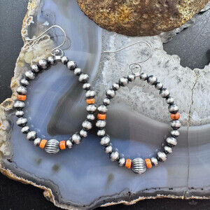 Native American Sterling 3-8 mm Navajo Pearl & Spiny Hoop Earrings For Women